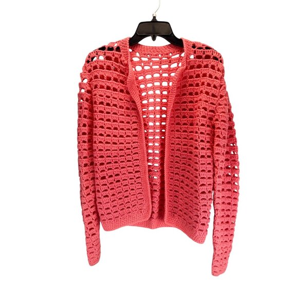 Handmade Coral Pink Open Knit Crochet Cardigan Sweater Long Sleeve Womens Medium - Picture 2 of 7